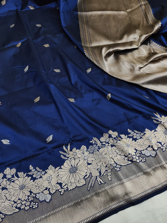 Navy Blue Pure Banarasi Handwoven Kadhua Katan Silk Saree
