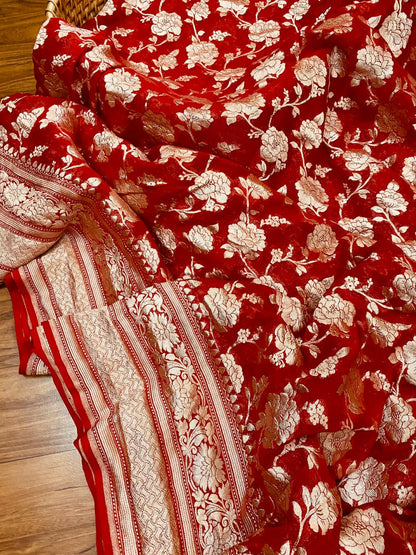 Pure Khaddi Georgette Silk Red Banarasi Saree