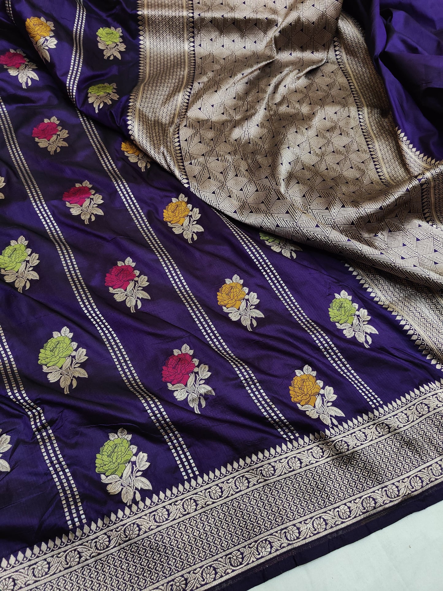 Purple Handwoven Pure Katan Multi Meenakari Banarasi Saree