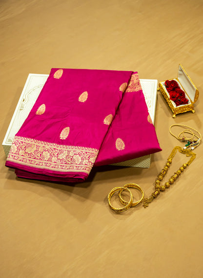 Rani Pink Pure Banarasi Handwoven Kadhua Katan Silk Saree