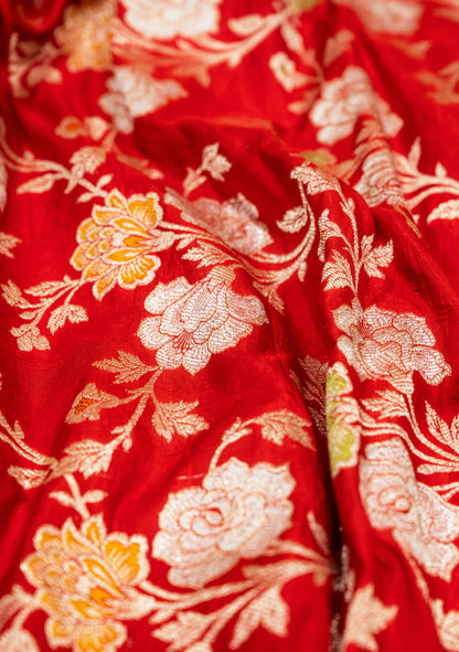 Red Jaal Handwoven Pure Katan Sona Roopa Meenakari  Banarasi Saree