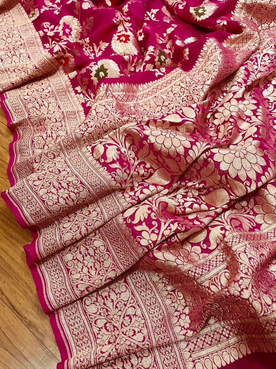 Pure Khaddi Georgette Silk Rani Pink Saree