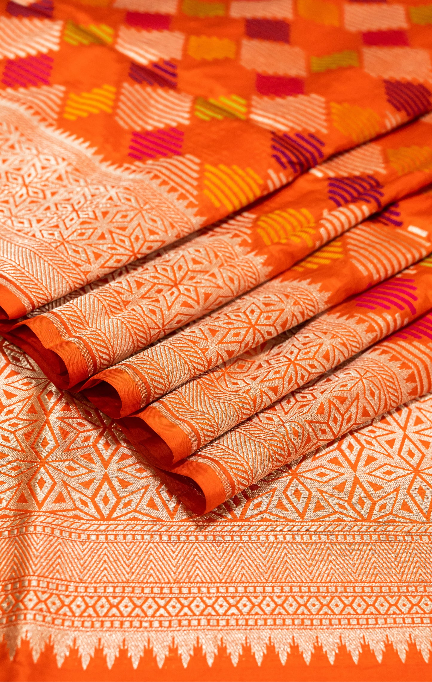 Orange Handwoven Pure Katan Multi Meenakari Banarasi Saree