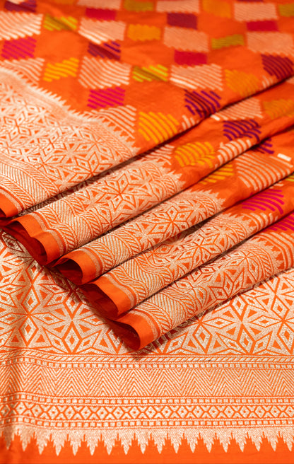 Orange Handwoven Pure Katan Multi Meenakari Banarasi Saree