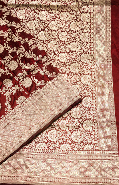 Mehroon Jaal Handwoven Pure Katan Silk Banarasi Saree