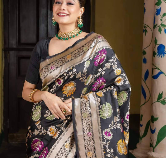 Black Handwoven Pure Katan Multi Meenakari Banarasi Saree