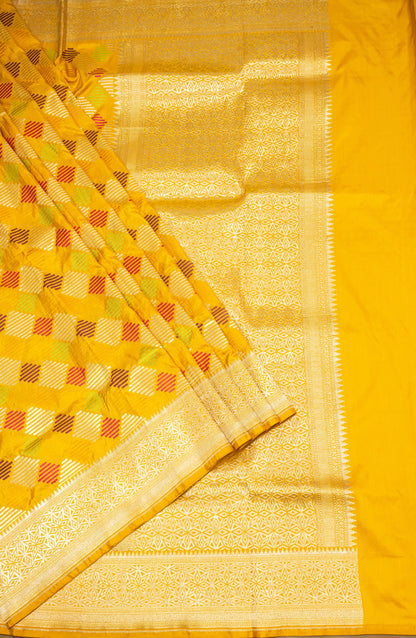 Mustard Handwoven Pure Katan Multi Meenakari Banarasi Saree