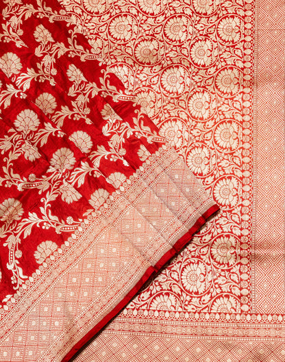 Red Jaal Handwoven Pure Katan Sona Roopa Silk Banarasi Saree