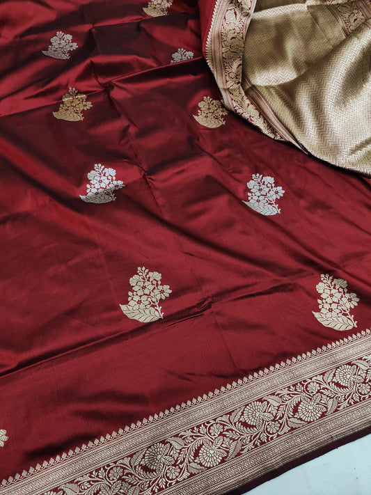 Mahroon Pure Banarasi Handwoven Kadhua Katan Silk Saree
