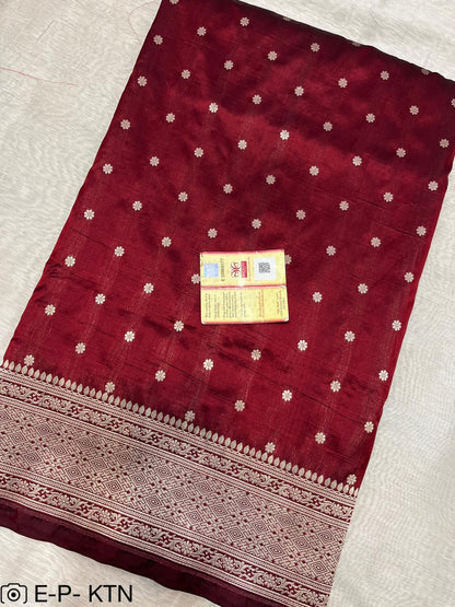 Pure Handloom Katan Cutwork Maroon Banarasi Saree