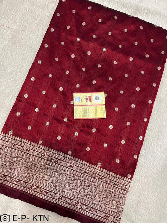 Pure Handloom Katan Cutwork Maroon Banarasi Saree