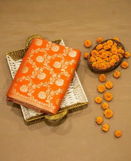 Orange Jaal Handwoven Pure Katan Sona Roopa  Banarasi Saree