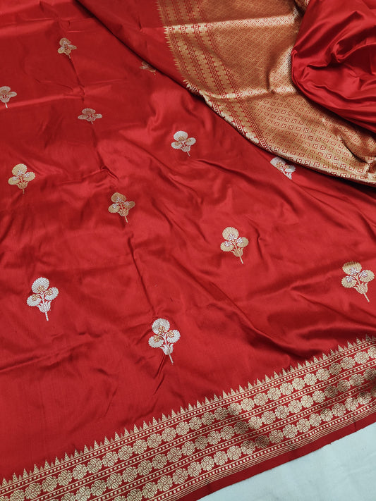 Red Pure Banarasi Handwoven Kadhua Katan Silk Saree