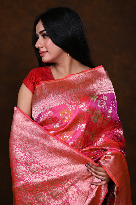 Shaded Pink Handwoven Pure Katan Meenakari Banarasi Saree