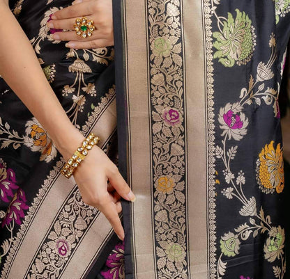 Black Handwoven Pure Katan Multi Meenakari Banarasi Saree