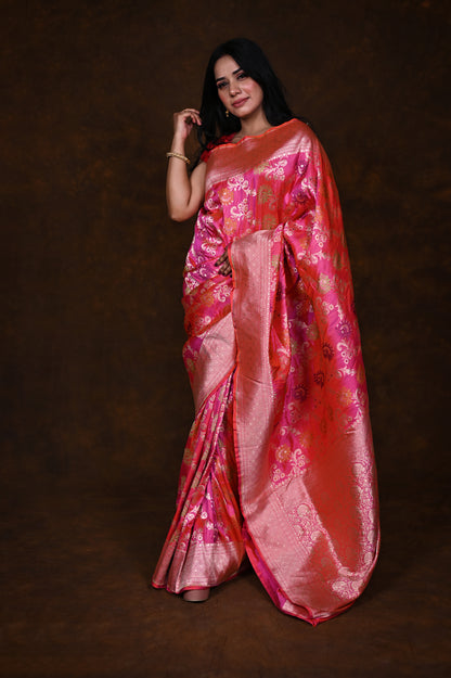 Shaded Pink Handwoven Pure Katan Meenakari Banarasi Saree