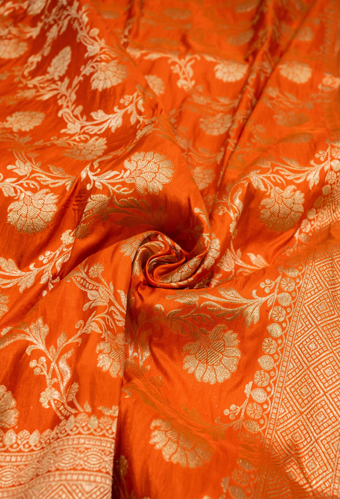 Orange Jaal Handwoven Pure Katan Sona Roopa  Banarasi Saree