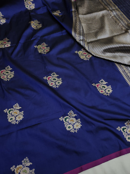 Navy Blue Pure Banarasi Handwoven Kadhua Katan Silk Saree