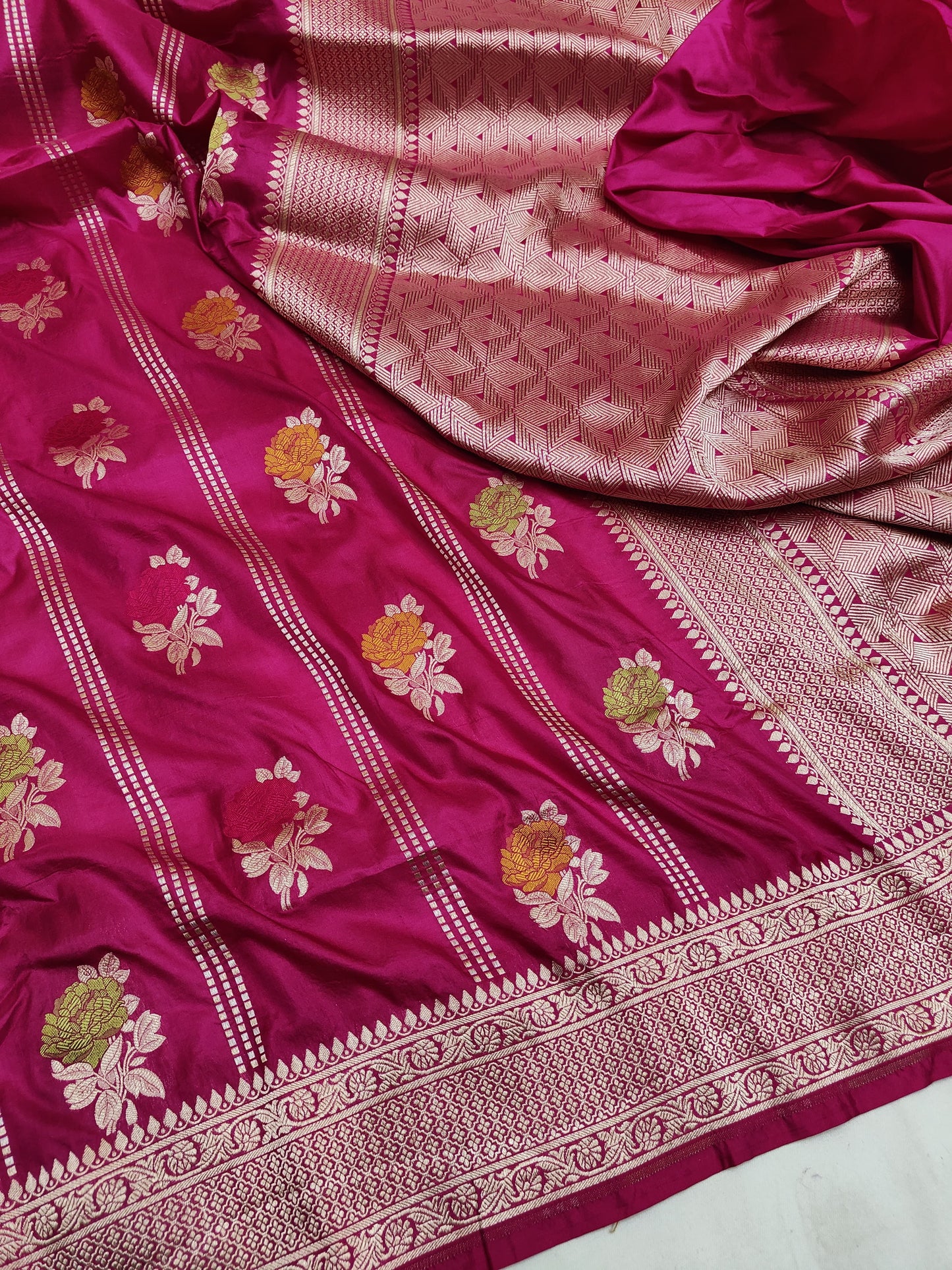 Rani Pink Handwoven Pure Katan Multi Meenakari Banarasi Saree