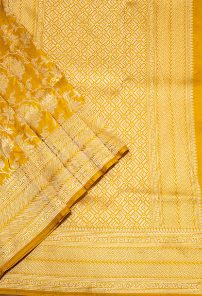 Mustard Yellow Jaal Handwoven Pure Katan Silk Banarasi Saree