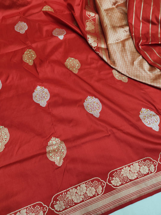 Red Pure Banarasi Handwoven Kadhua Katan Silk Saree