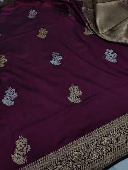 Wine Handwoven Vintage Pure Banarasi Silk Boota Saree
