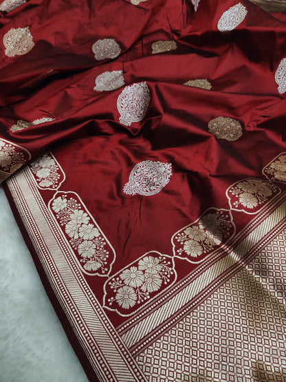Maroon Pure Banarasi Handwoven Kadhua Katan Silk Saree