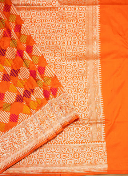 Orange Handwoven Pure Katan Multi Meenakari Banarasi Saree