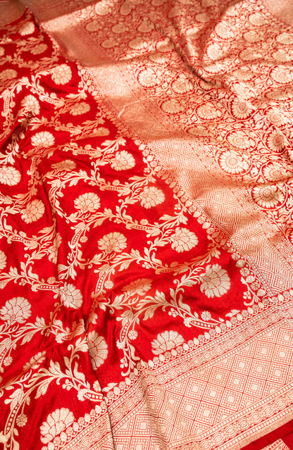 Red Jaal Handwoven Pure Katan Sona Roopa Silk Banarasi Saree