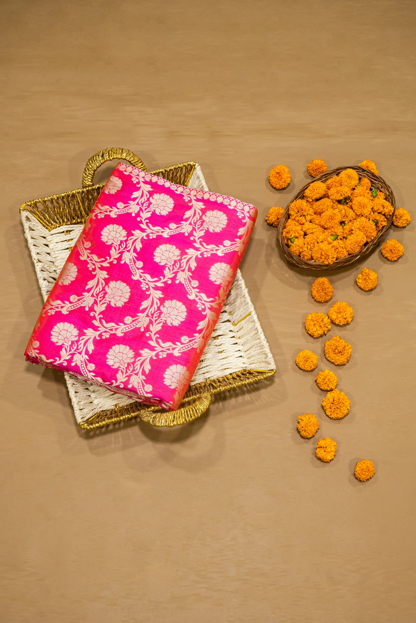 Rani Pink Jaal Handwoven Pure Katan Silk Banarasi Saree