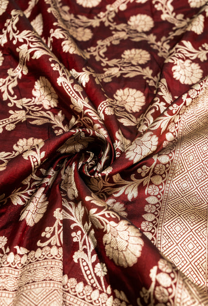 Mehroon Jaal Handwoven Pure Katan Silk Banarasi Saree