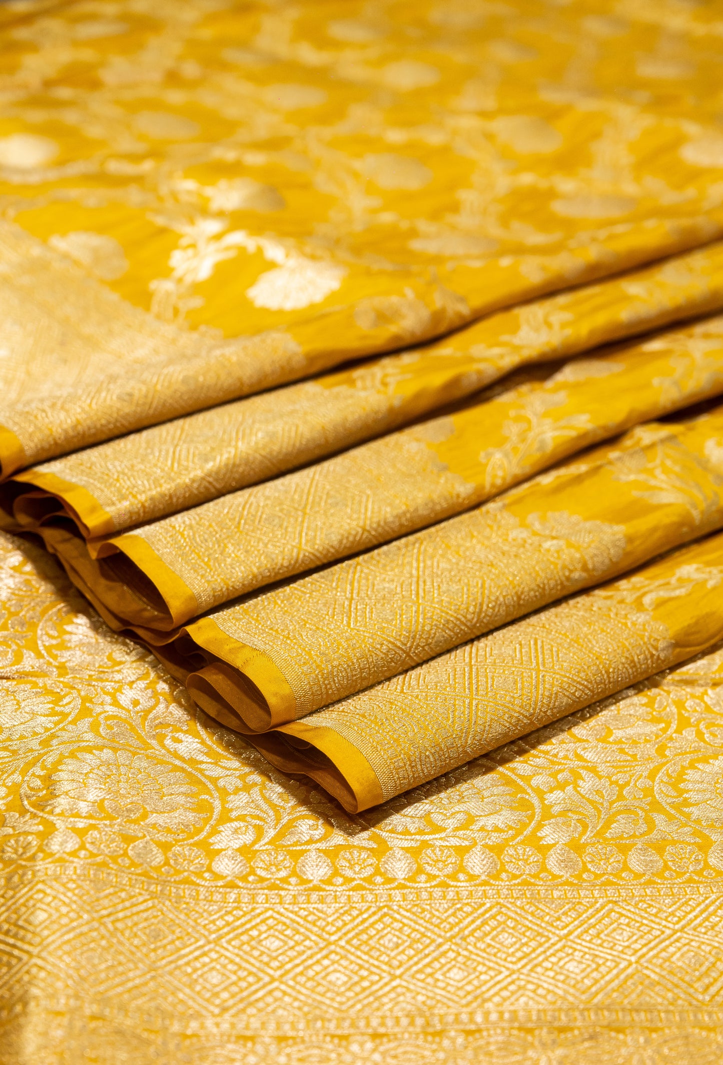 Mustard Jaal Handwoven Pure Katan Silk Banarasi Saree