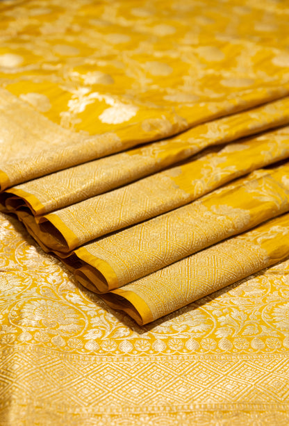 Mustard Jaal Handwoven Pure Katan Silk Banarasi Saree