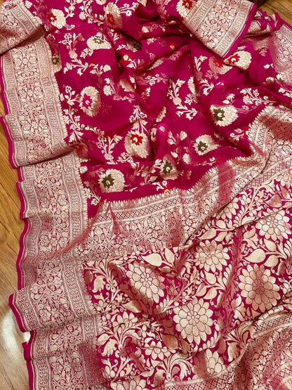 Pure Khaddi Georgette Silk Rani Pink Saree