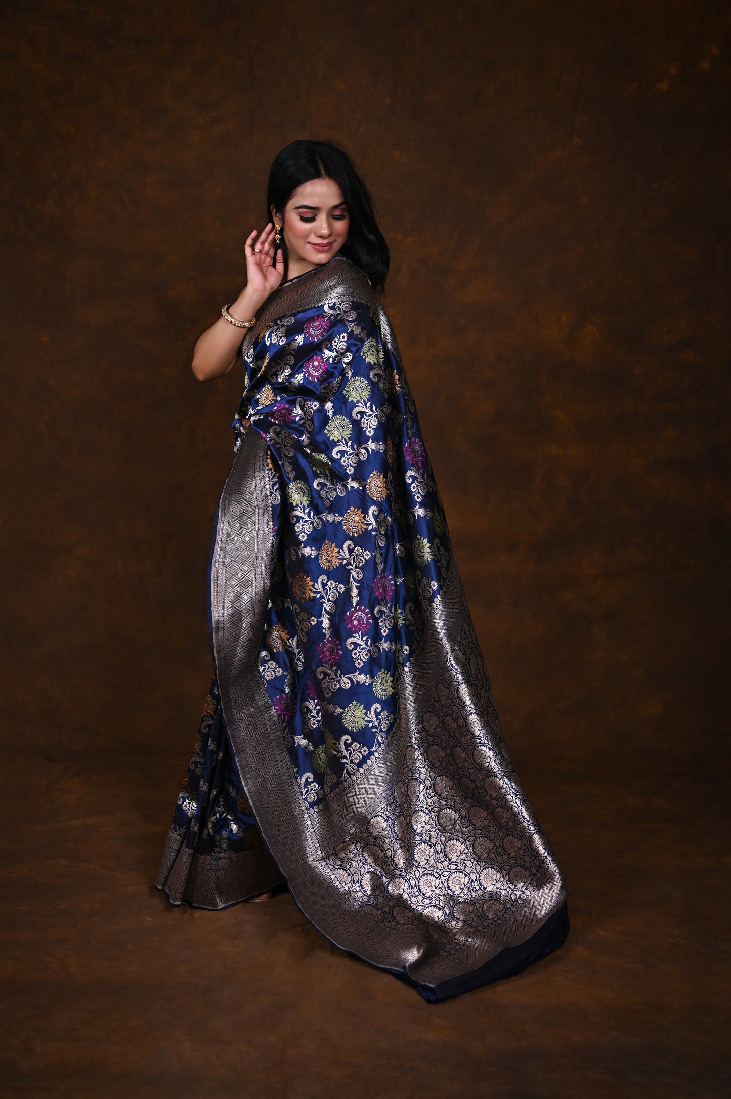 Navy Blue Handwoven Pure Katan Meenakari Banarasi Saree