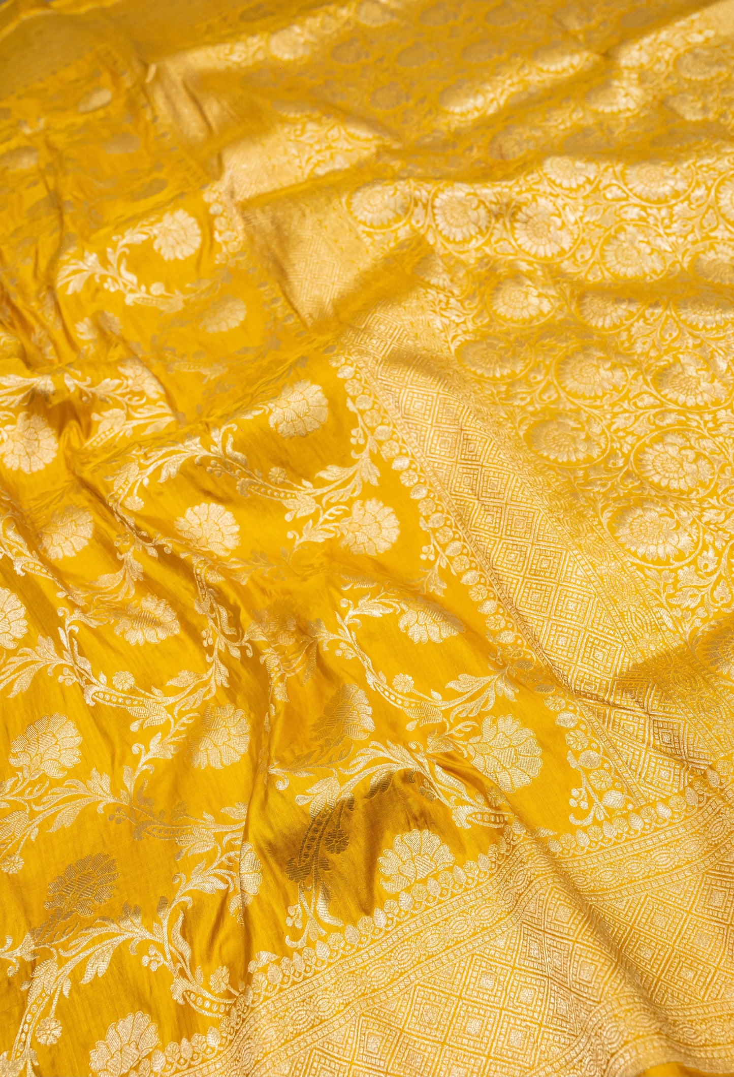 Mustard Jaal Handwoven Pure Katan Silk Banarasi Saree