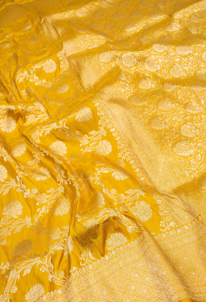 Mustard Jaal Handwoven Pure Katan Silk Banarasi Saree
