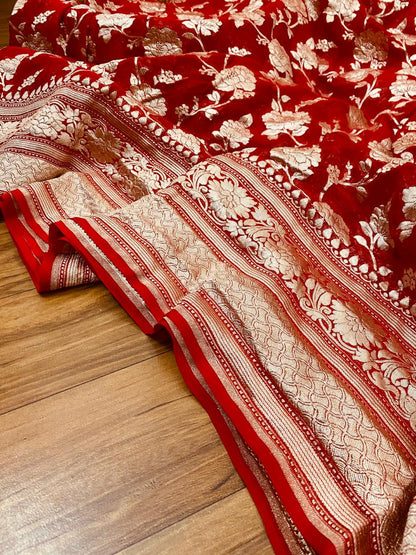 Pure Khaddi Georgette Silk Red Banarasi Saree