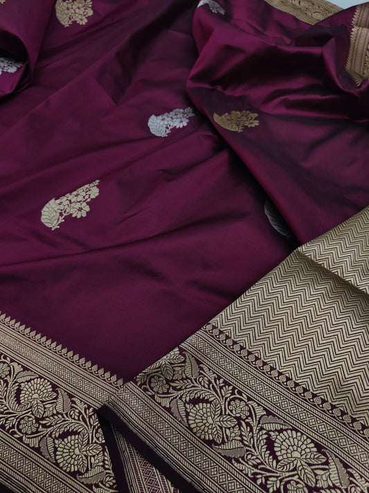 Wine Handwoven Vintage Pure Banarasi Silk Boota Saree