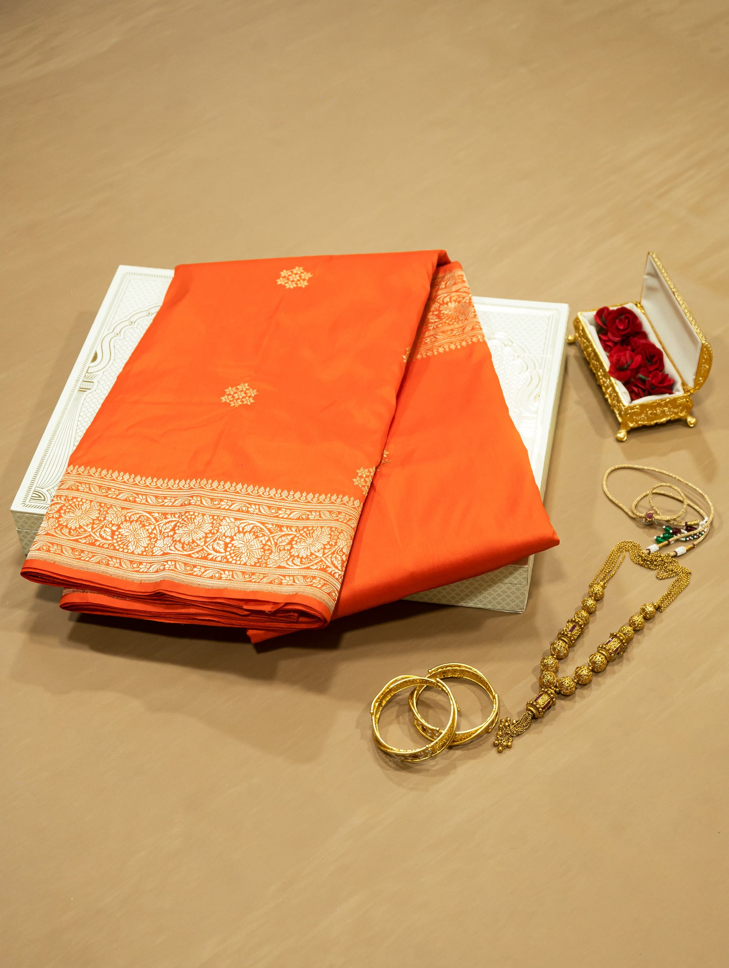 Orange Pure Banarasi Handwoven Kadhua Katan Silk Saree