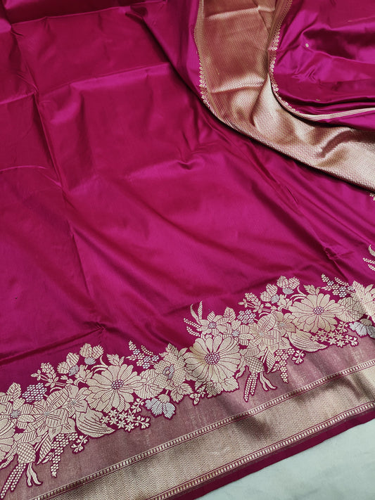 Rani Pink Pure Banarasi Handwoven Kadhua Katan Silk Saree