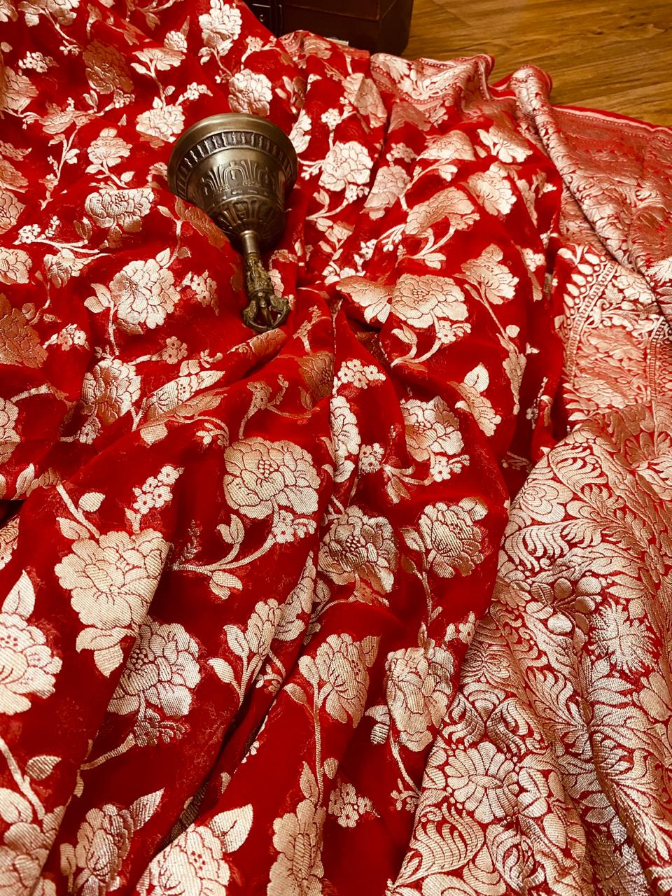 Pure Khaddi Georgette Silk Red Banarasi Saree