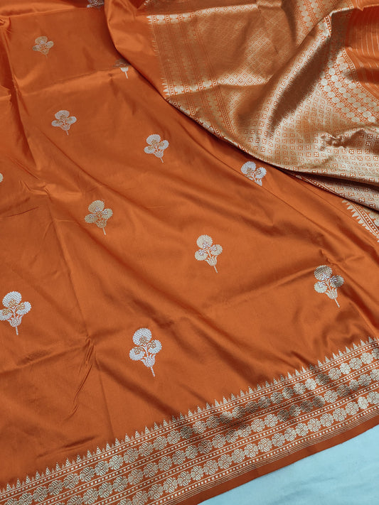 Orange Pure Banarasi Handwoven Kadhua Katan Silk Saree