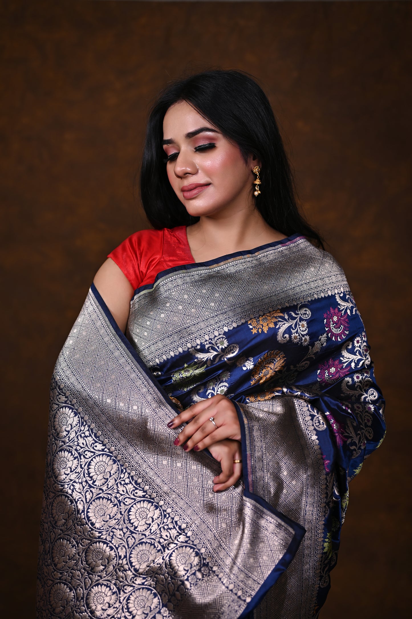 Navy Blue Handwoven Pure Katan Meenakari Banarasi Saree