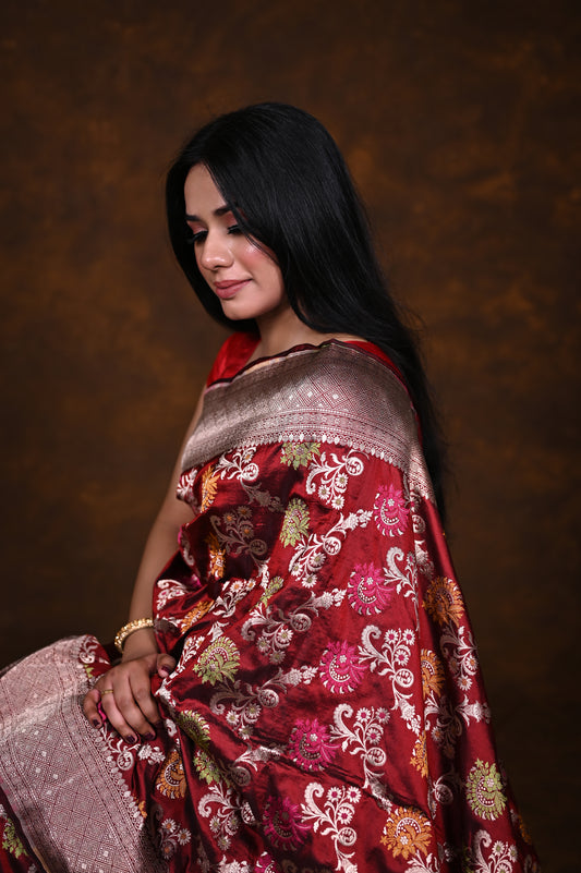 Maroon Handwoven Pure Katan Meenakari Banarasi Saree