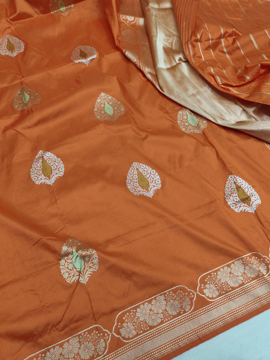 Orange Pure Banarasi Handwoven Kadhua Katan Silk Saree