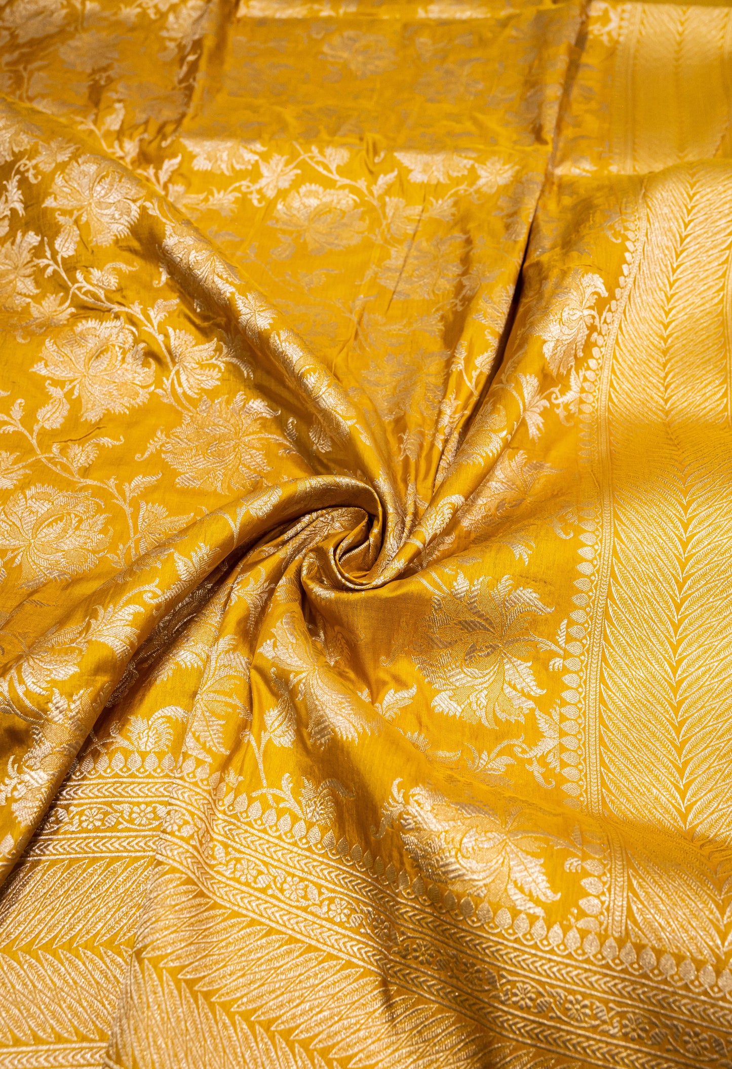 Mustard Yellow Jaal Handwoven Pure Katan Silk Banarasi Saree