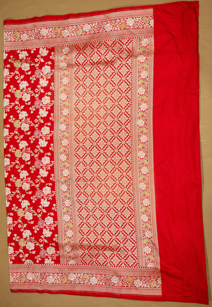 Red Jaal Handwoven Pure Katan Sona Roopa Meenakari  Banarasi Saree