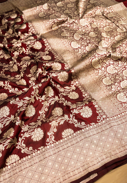 Mehroon Jaal Handwoven Pure Katan Silk Banarasi Saree