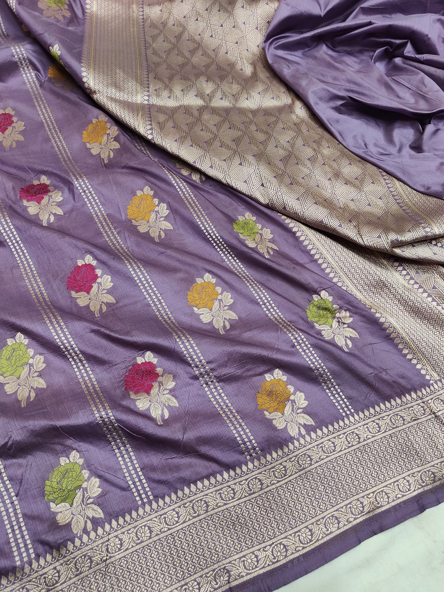 Purple Handwoven Pure Katan Multi Meenakari Banarasi Saree